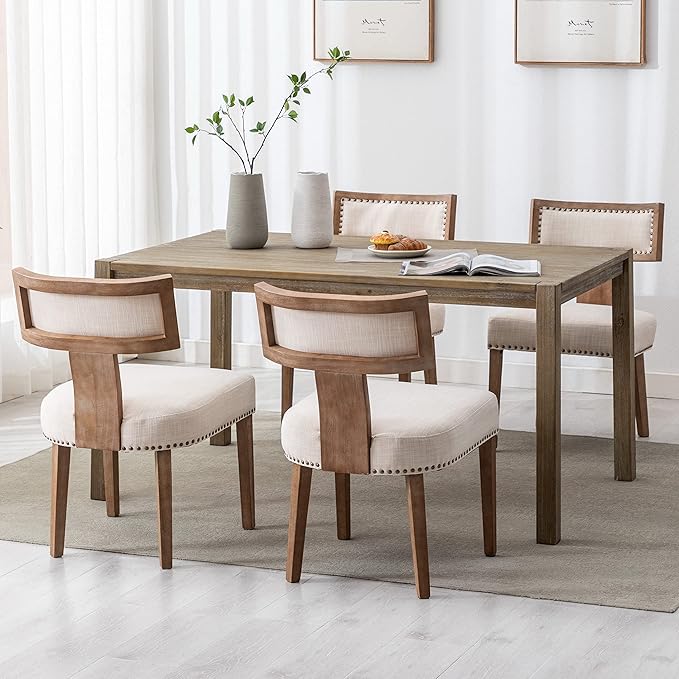 Mid Century Modern Dining Chairs Set of 4 Upholstered Linen Fabric Kitchen Dining Side Chairs with Nailhead Trim, Modern Kitchen Armless Solid Wood Dining Chairs, Beige