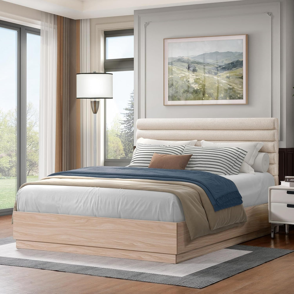 800LBS Silent Slats Queen Bed Frame – Boucle Upholstered Headboard, Taupe, So...