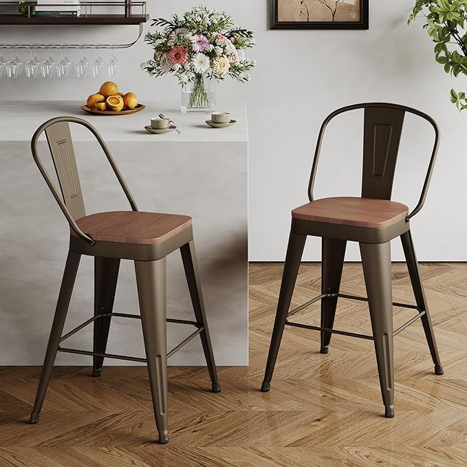 Andeworld Metal Bar Stools Set of 2, 26 inch Counter Height Barstools with Ba...