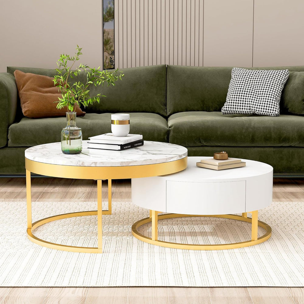 Modern Round Nesting Coffee Table with Drawers in White, Circle Coffee Tables...