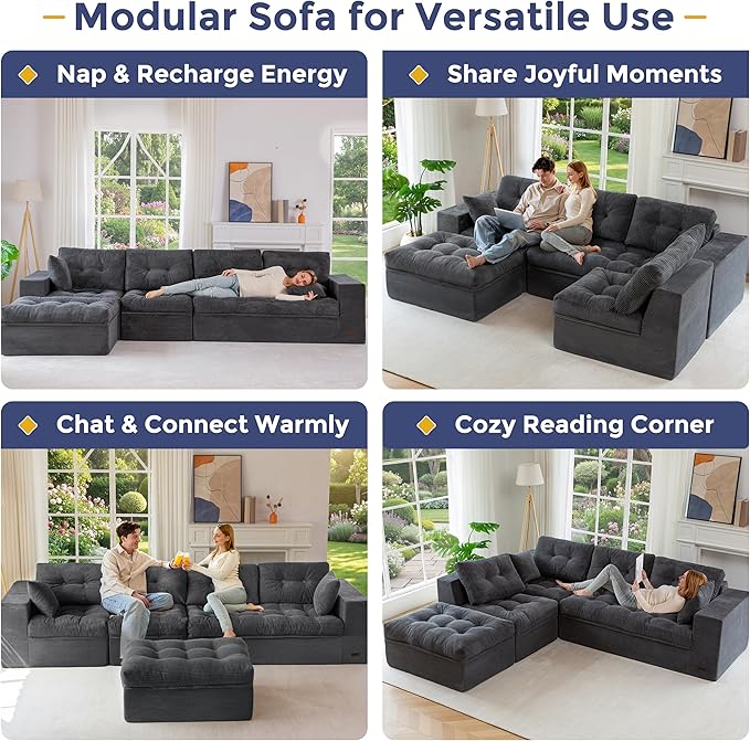 MAXYOYO 132" L Shaped Modular Sectional Sofa with Ottoman, Cloud Boneless Couch with Layered Cushion, Upholstered Sofa in a Box, Flexible Module Combination for Living Room, No Assembly, Dark Grey
