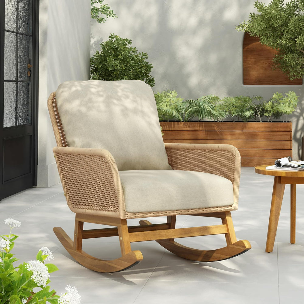Rocking Chair with Padded Cushions, Modern Glider Chair, Wooden Frame with Ra...