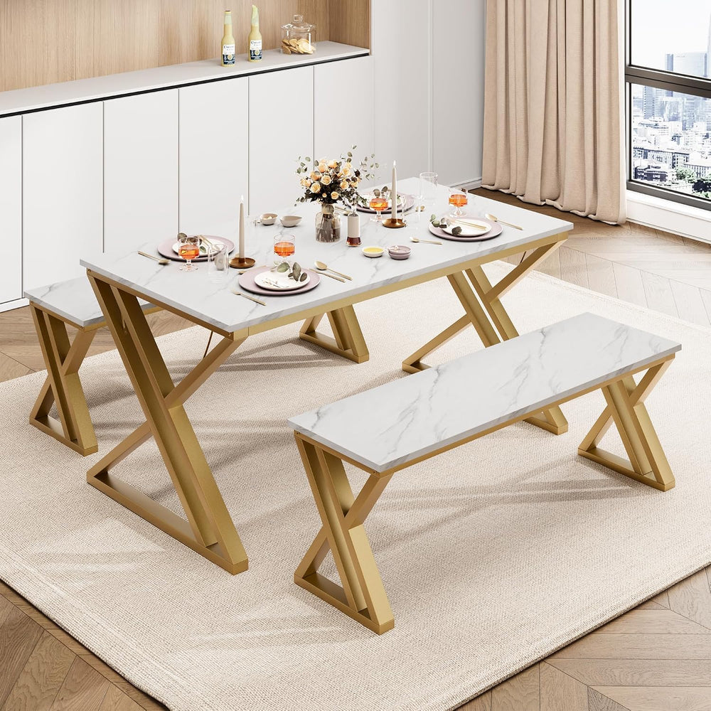 GAOMON Dining Table Bench Set for 4, Kitchen Table Set With 2 Benches, Rectan...