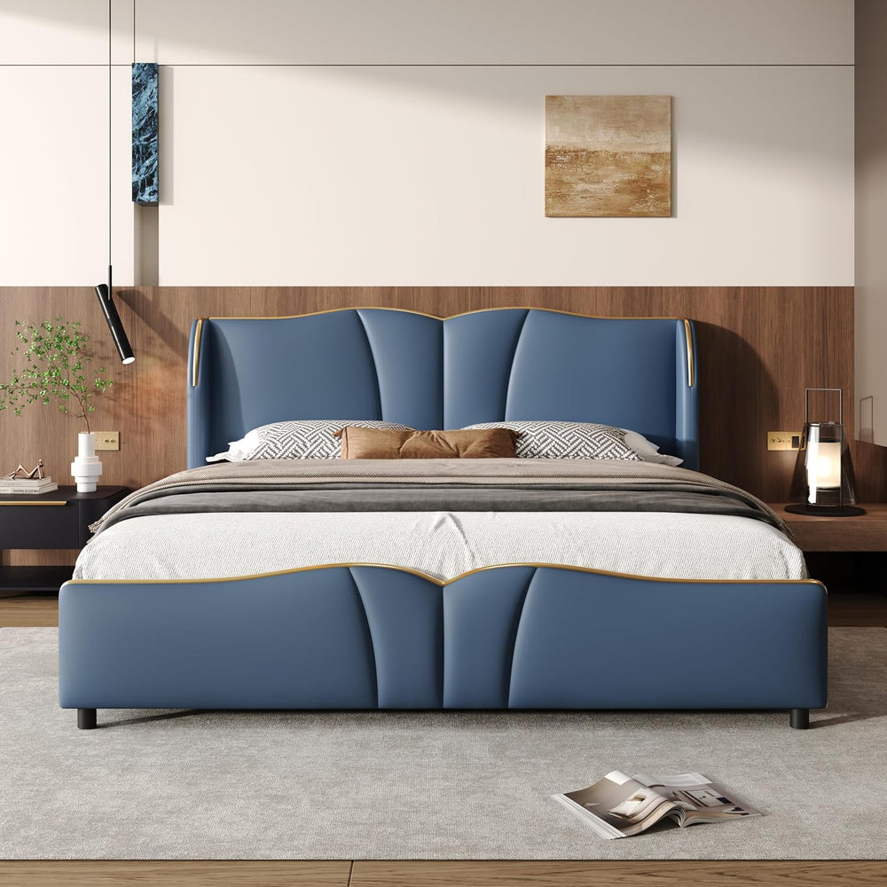 Queen Size Bed Frame with Wingback Headboard, Modern Faux Leather Upholstered...