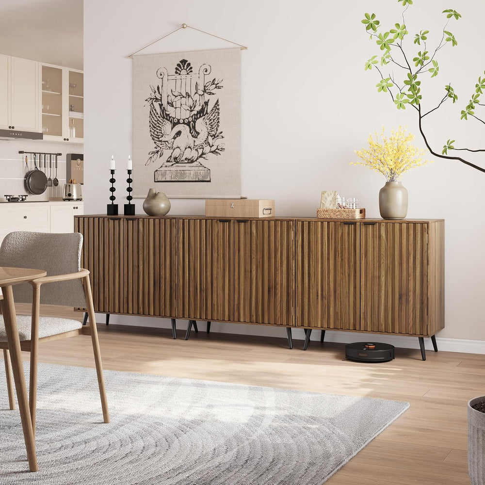 Walnut Buffet Cabinet with Storage, Sideboard Cabinet with Fluted Doors and M...