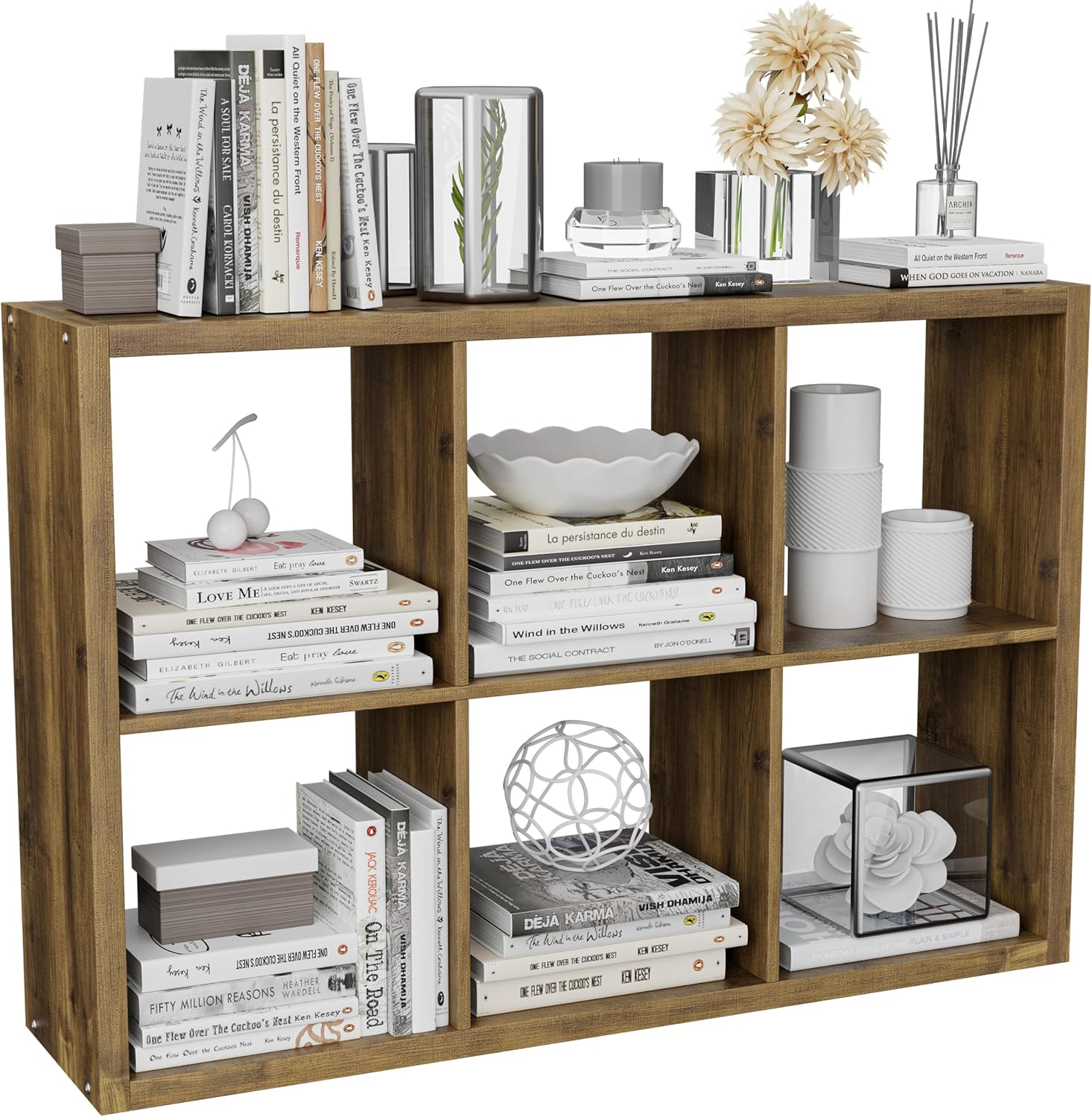 Cube Storage Organizer Bookcase, Decorative 11 inch Open Back Cubical Shelf with Thickened Border, Display Bookshelf for Living Room, Home Office, Sturdy Room (Brown, 6 Cube)