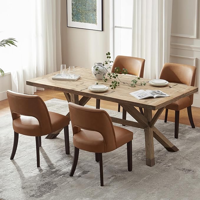 VKNOW Modern Dining Chairs Set of 2, Faux Leather Upholstered Dining Room Chair Kitchen Chairs, Farmhouse Dinner Chair for Kitchen Dining Room, Brown