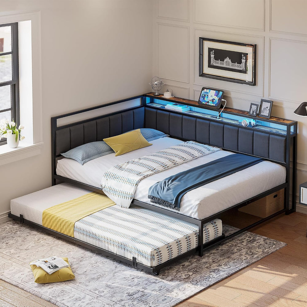 LIKIMIO Full Daybed with Trundle, Charging Station & LED, Black