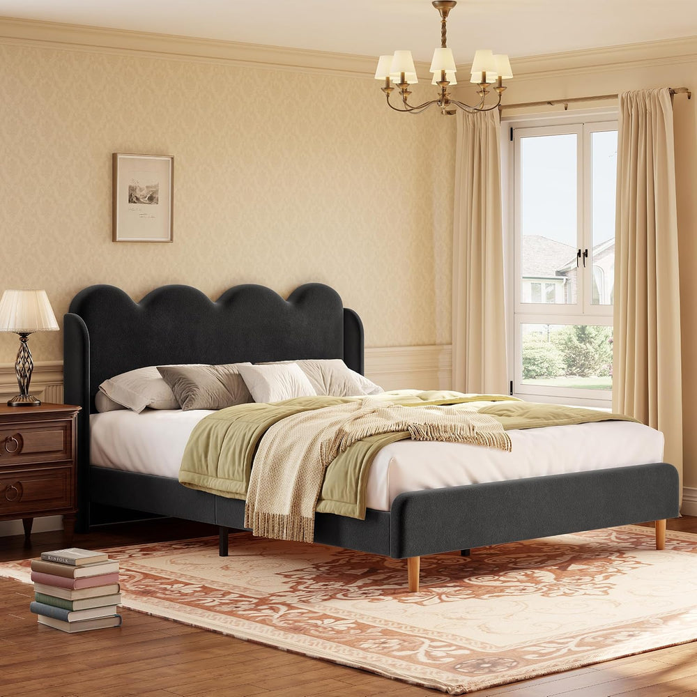 Garvee Chenille Upholstered Full Size Bed Frame, Wingback Design, Black