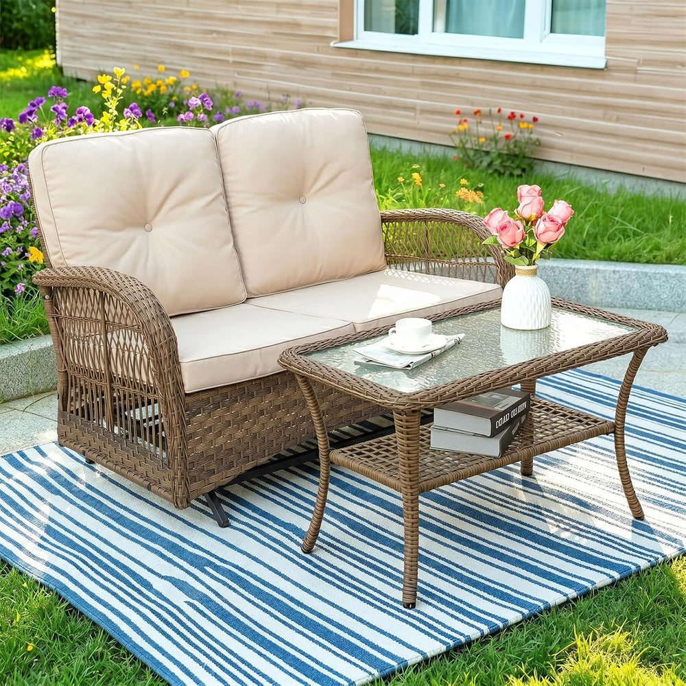 MEETWARM Outdoor Wicker Patio Glider Set, Loveseat for 2 Person Porch Furnitu...