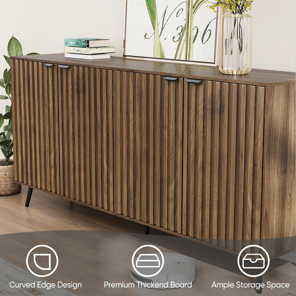 Smuxee 63" Fluted Sideboard Cabinet, Freestanding Walnut Buffet Cabinet ...