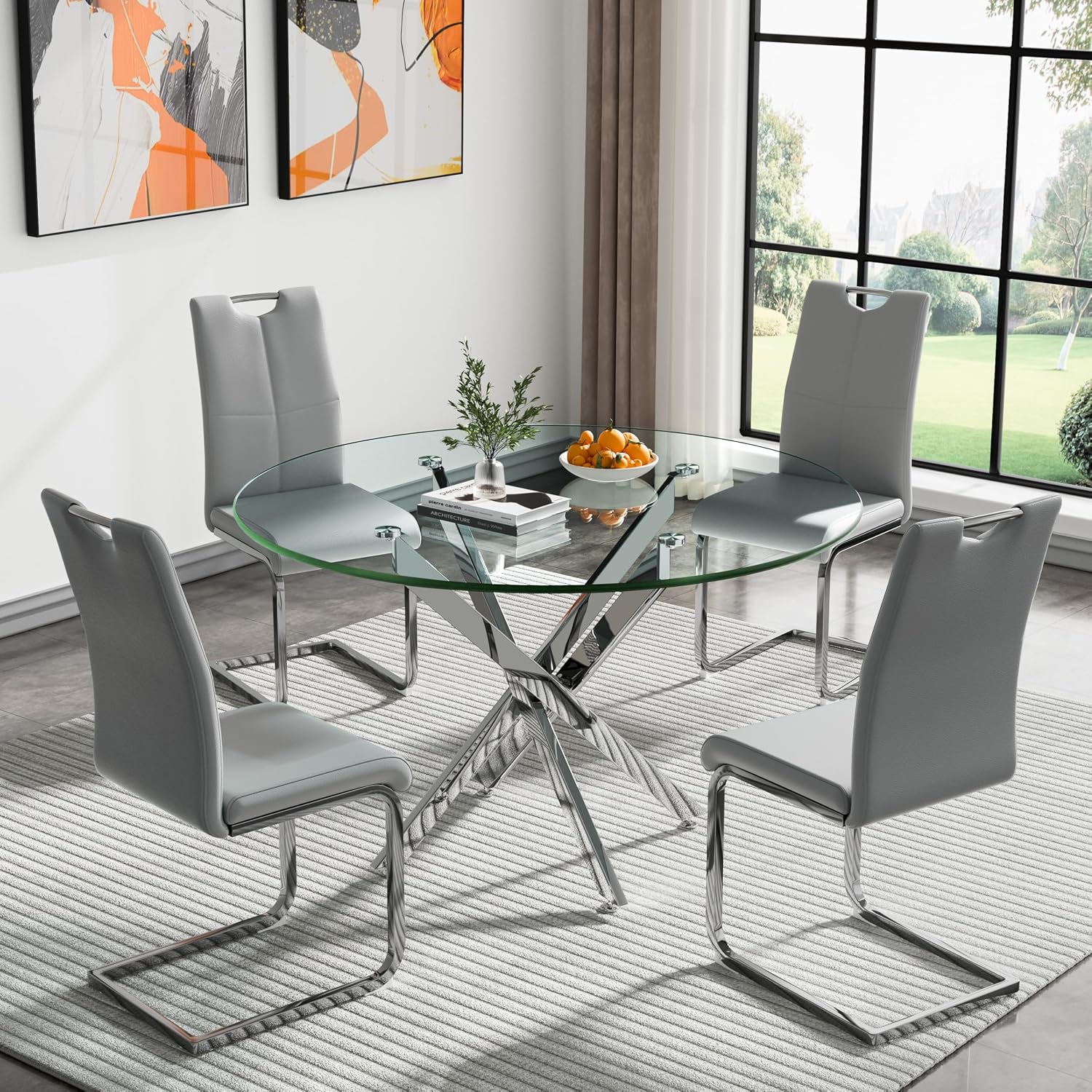 5 Piece Round Dining Table Set for 4, Modern Glass Kitchen Dining Room Table Set for 4, 47" Circle Silver Glass Metal Dining Table with 4 Grey PU Leather Dining Chairs for Kitchen Dining Room