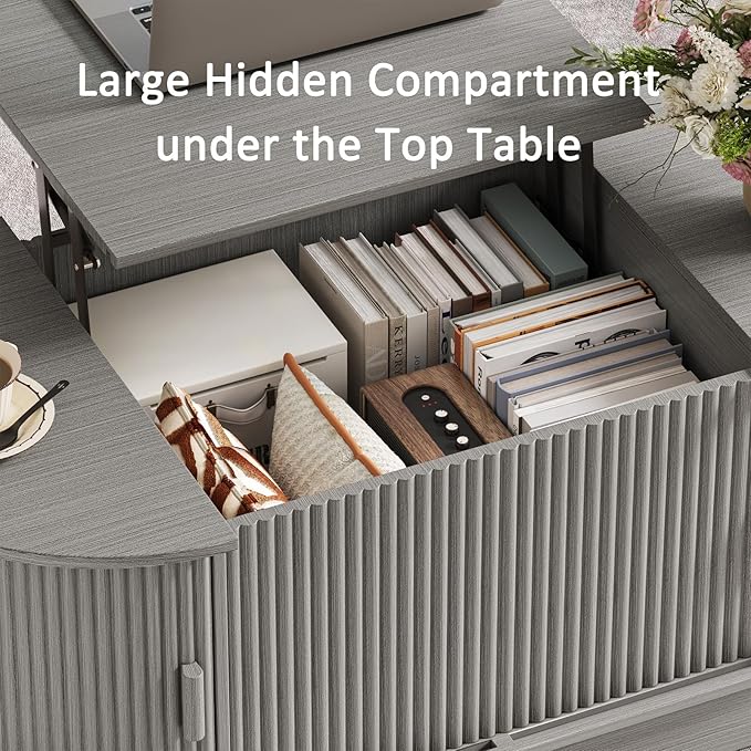 Fluted TV Stand and Coffee Table Set of 2, 86.6'' TV Console for 55-85 Inch, Modern Entertainment Center with Large Storage Cabinet, Lift Top Coffee Table for Living Room, Bedroom, Grey