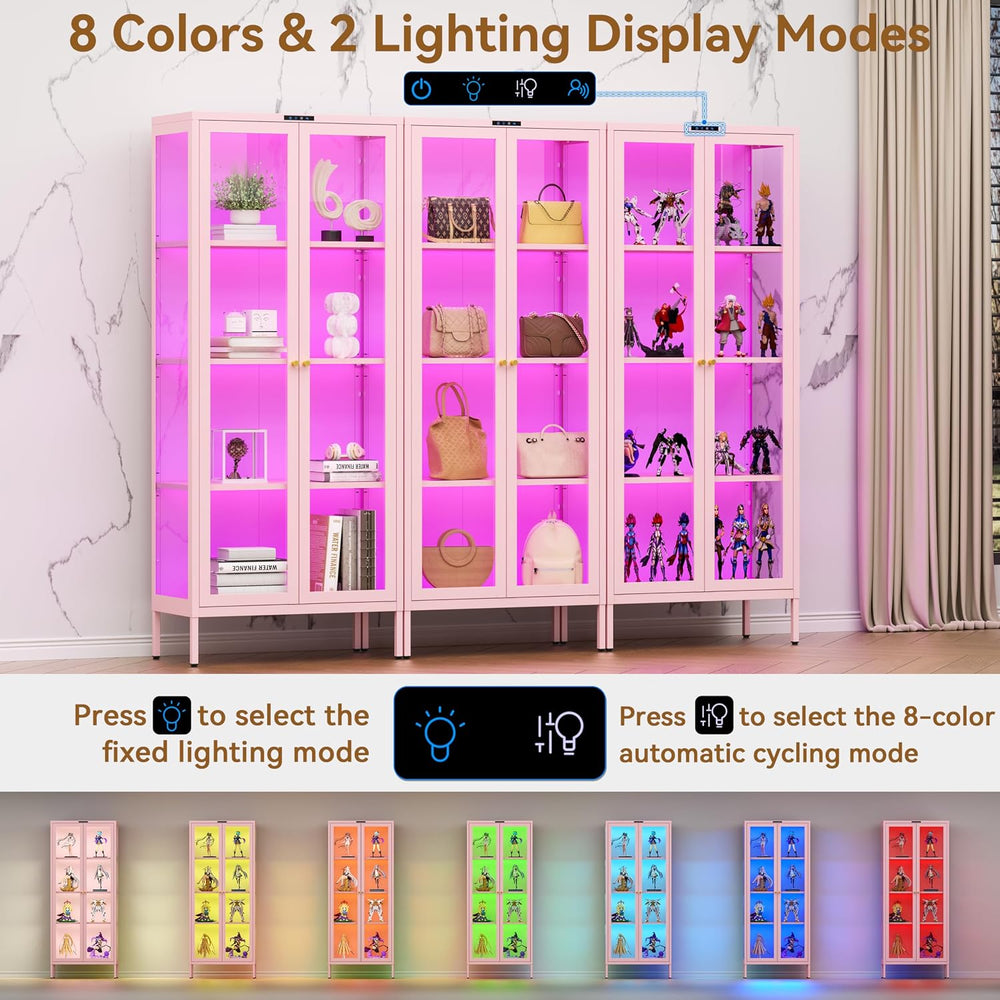 Polup Glass Display Cabinet with Glass Doors, Metal Curio Cabinet with 8-Colo...