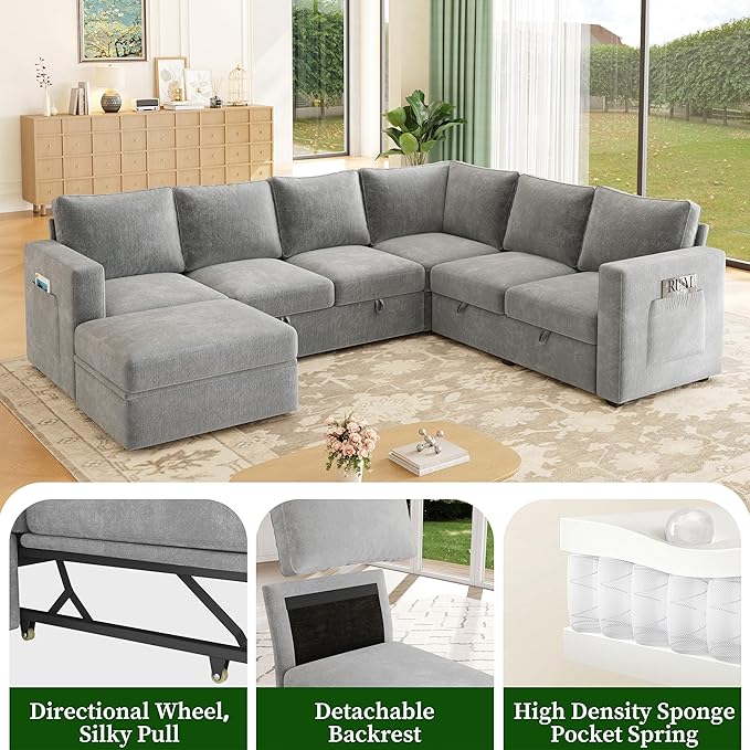 106.7" Sectional Sleeper Sofa with Pull Out Couch, Modern 7 Seat U Shaped Modular Couch, Sectionals Modular Sofa with Storage, Comfy Sectional Couches for Living Room & Apartment, Light Gray