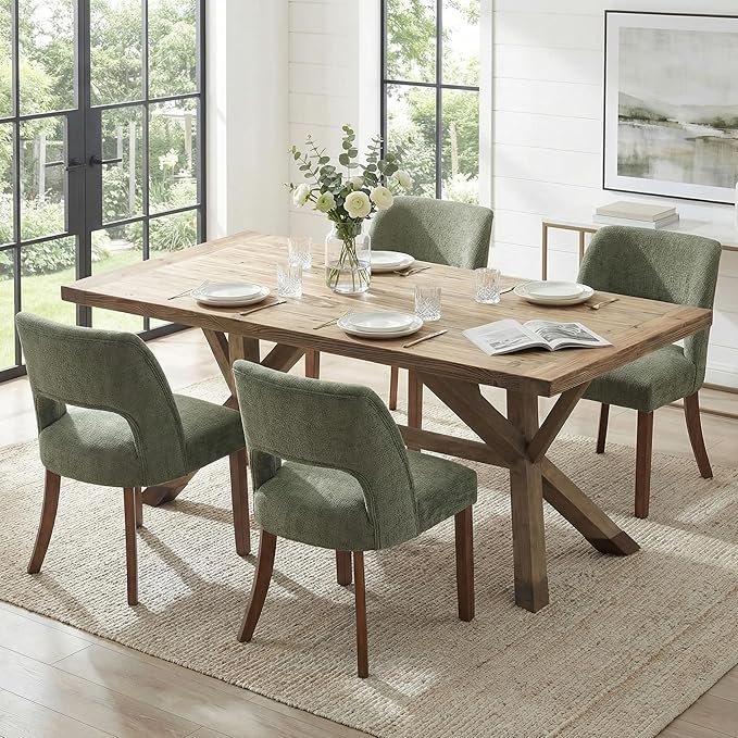 keoni Wooden Dining Chairs Set of 6, Mid Century Modern Upholstered Dining Room Chairs with Rubberwood Legs, Fabric Farmhouse Kitchen Chairs with Foot Pegs for Dining Room, Green