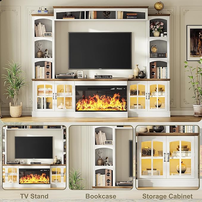 98" Farmhouse TV Stand with 36" Electric Fireplace, Bookshelves, Fits 75" TVs, Entertainment Center with Storage Cabinet, Large Wall Unit Media Console for Living Room, White
