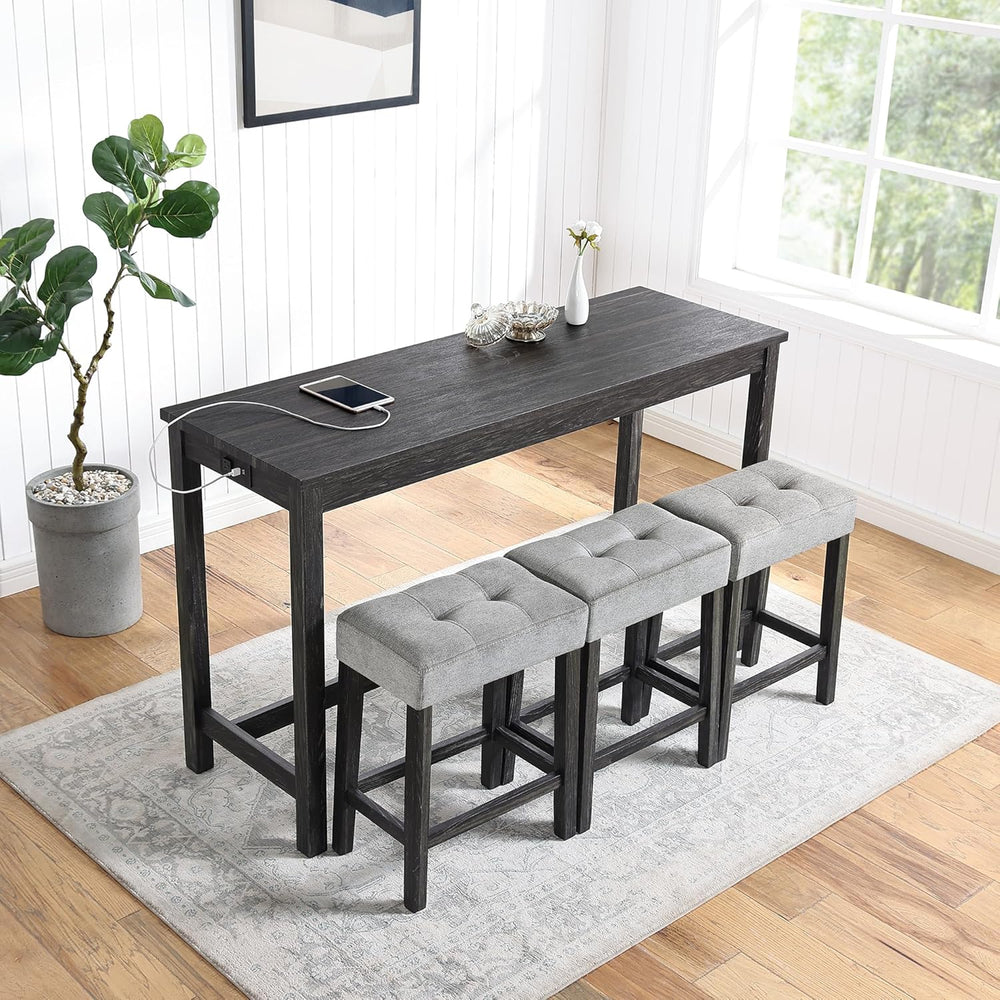 Bar Table Set with Power Outlet, 4 Piece Bar Table and Chairs Set, Industrial...