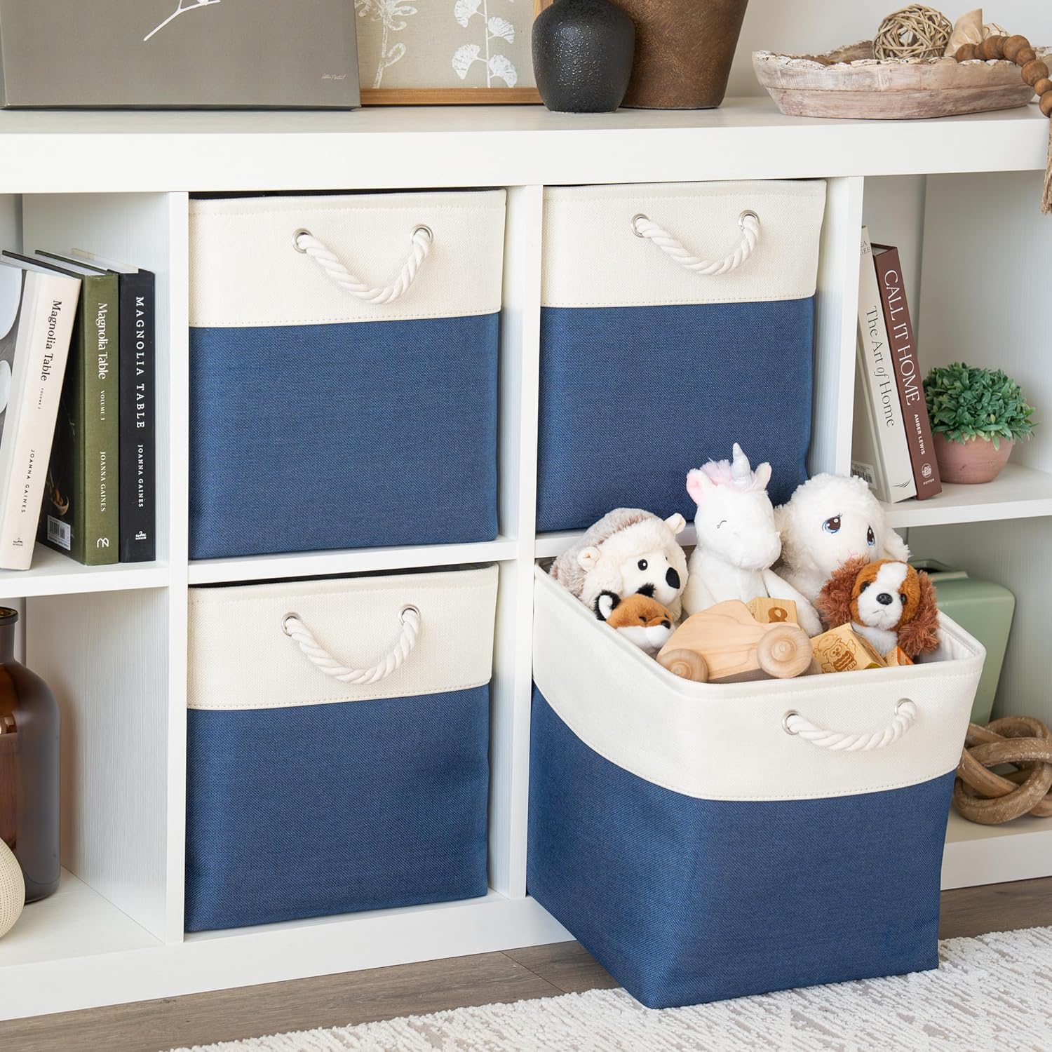OrganiHaus 13x13 Cube Storage Bins 4 Pack, Foldable Cube Storage Organizer w/ Rope Handles, Collapsible Fabric Bins for Toys, Clothes & Closet Organization, Fabric Square Baskets - Navy Blue