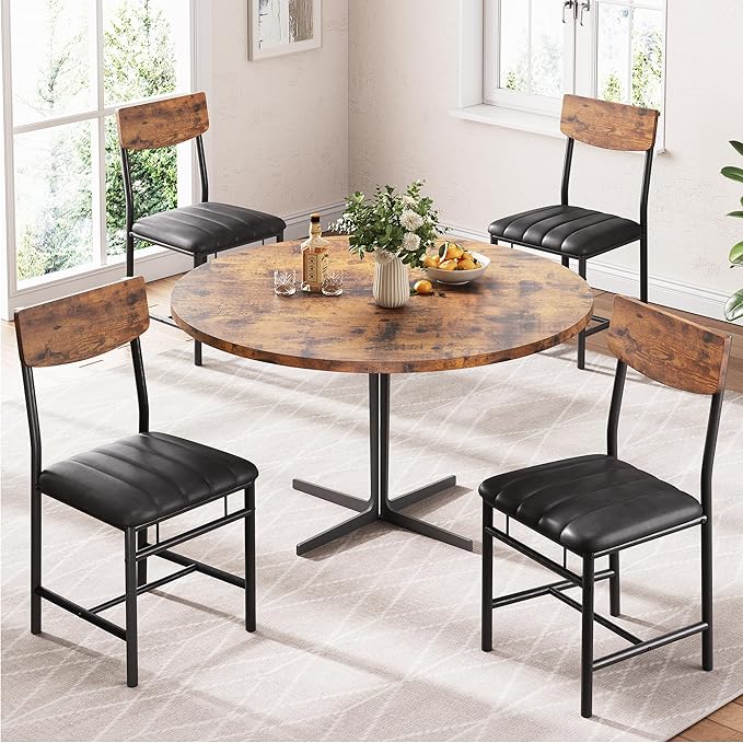 Industrial Dining Chairs Set of 6 - Upholstered Dining Room Chairs with PU Leather, Kitchen Chairs with Wooden Backrest and Thickened Metal Legs, for Dining Room, Living Room (6, Vintage)
