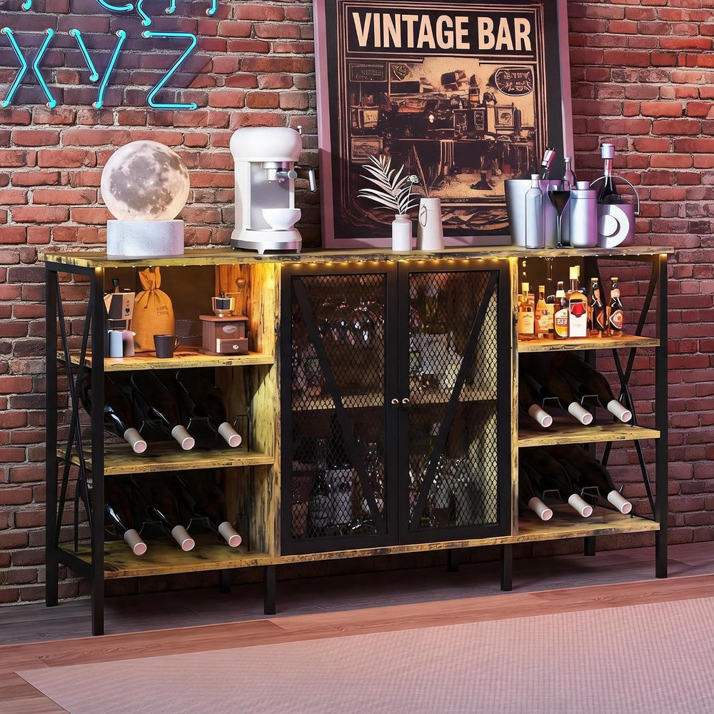 Takywep Farmhouse Industrial Wine Bar Cabinet with LED Light – Freestanding S...