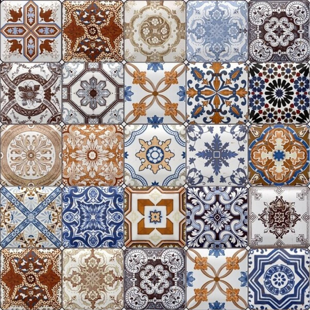 Mexican Tile Mosaic Side Table, Walnut Color Square Ceramic Accent Table with...