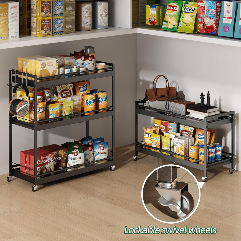 3 Tier Expandable Rolling Cart with wheels, pantry organizers and storage | kitchen Storage Cart for cans,food,snack and appliances，Adjustable shelf board height，Black,12.59"D×19.29-30.9"W×29.05"H