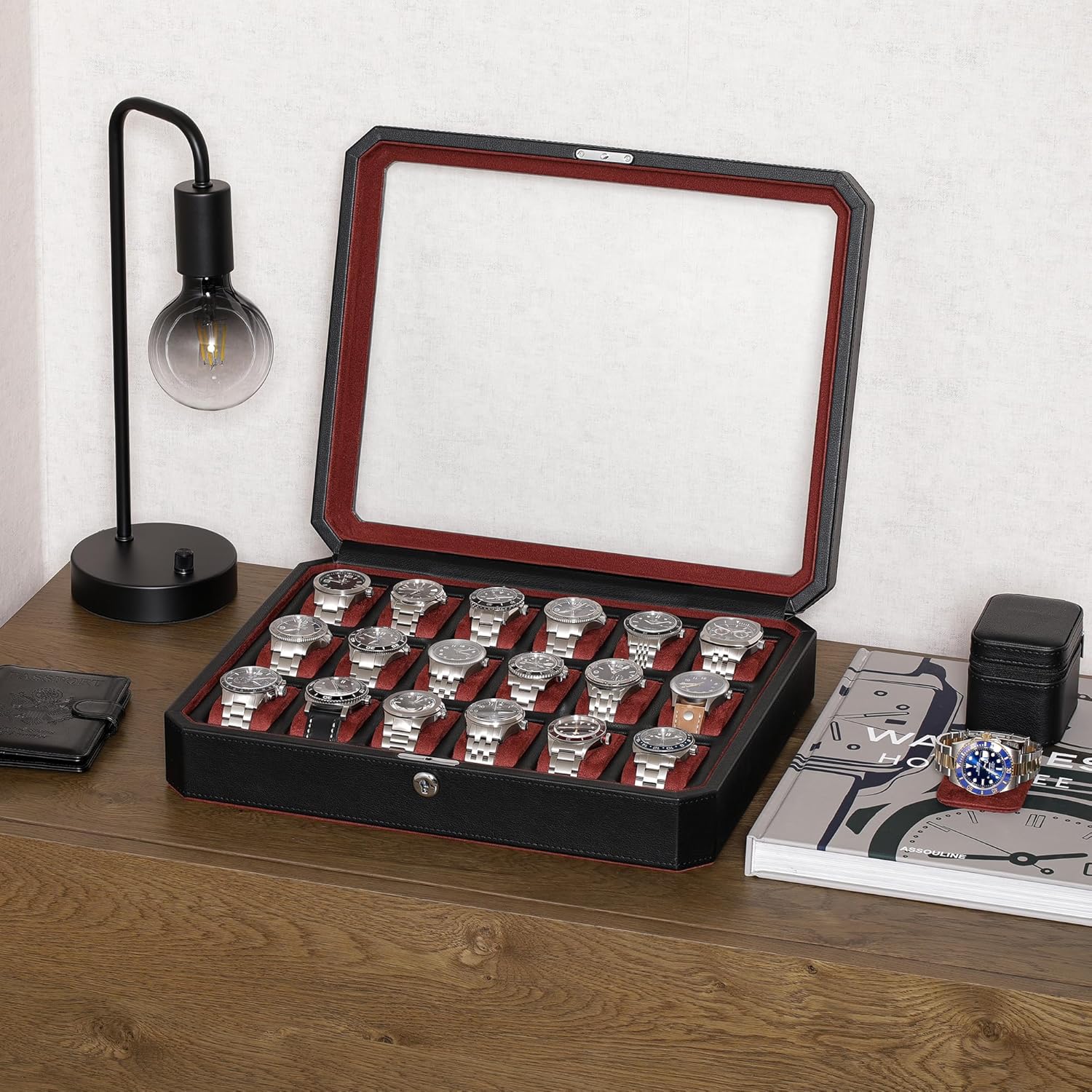 ROTHWELL 18-Slot Watch Case – Luxury Watch Box for Men, Real Glass Top, Lockable, Elegant Display for Collections (Black/Red)