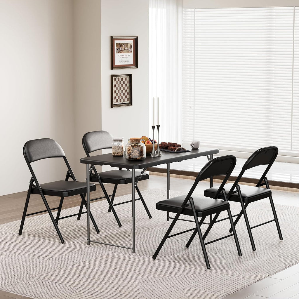 SKONYON Folding Chair with Cushion, 450LBS, PU Padded Metal Chair, Black | Portable single foldable chair with padded seat & back, steel frame, for indoor outdoor events, office, wedding & party