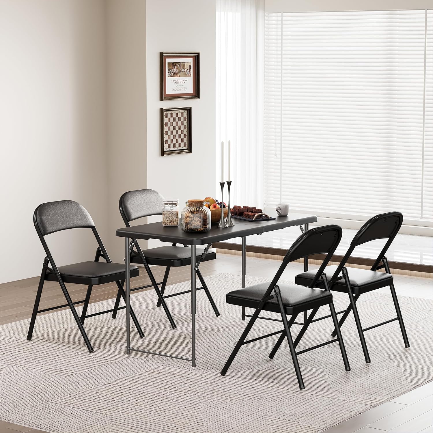 SKONYON Folding Chair with Cushion, 450LBS, PU Padded Metal Chair, Black | Portable single foldable chair with padded seat & back, steel frame, for indoor outdoor events, office, wedding & party