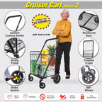 dbest products Cruiser Cart Deluxe 2 Shopping Grocery Rolling Folding Laundry Basket on Wheels Foldable Utility Trolley Compact Lightweight Collapsible, Black
