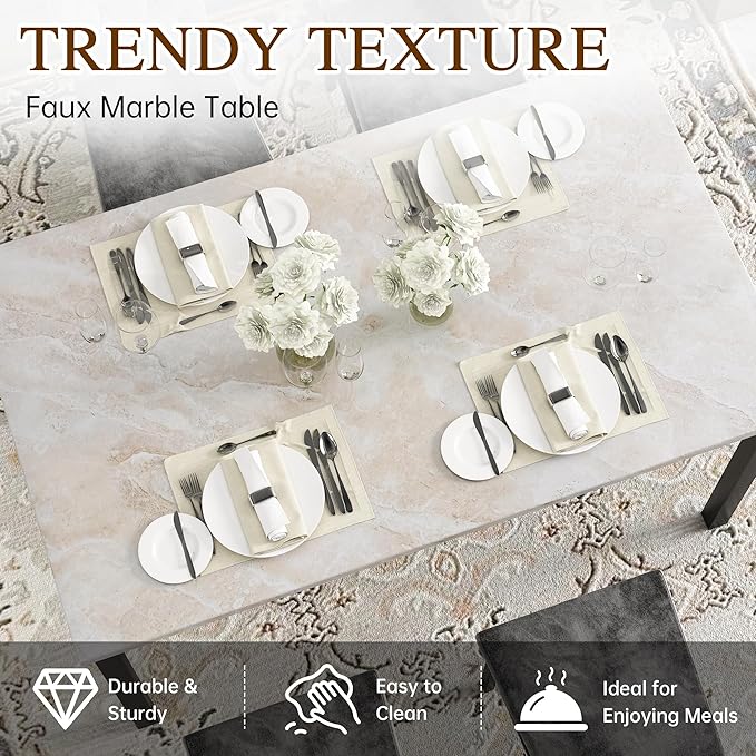 Hooseng Dining Table Set for 4, Faux Marble Small Kitchen Table Chairs Set of 4 with Luxurious Button Tufted Dinner Chairs for Kitchen and Dining (Beige)