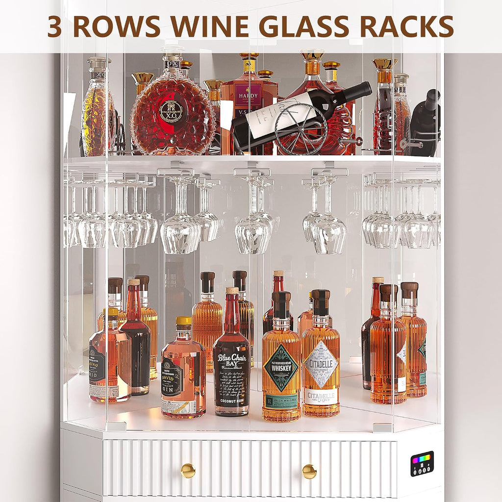 Vlsrka 71" Tall Corner Bar Cabinet with RGB Lighting & Motion Sensor LED | Corner Wine Cabinet with Mirror Back & Glass Doors, Modern Liquor Cabinet with Textured Storage for home living room, White