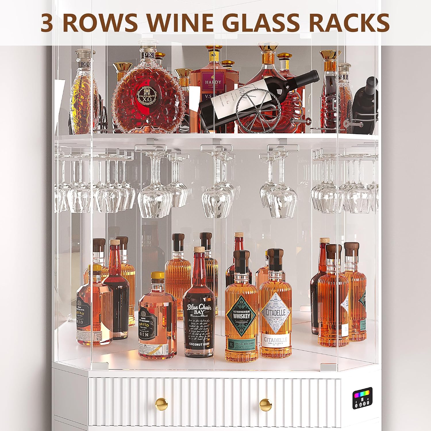 Vlsrka 71" Tall Corner Bar Cabinet with RGB Lighting & Motion Sensor LED | Corner Wine Cabinet with Mirror Back & Glass Doors, Modern Liquor Cabinet with Textured Storage for home living room, White