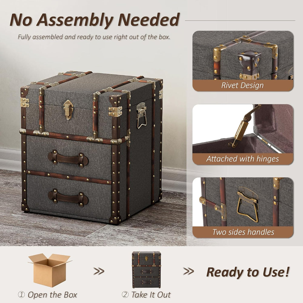 Aoikax Vintage Storage Chest with Buckle Hinged Top, Linen Accent End Side Ta...