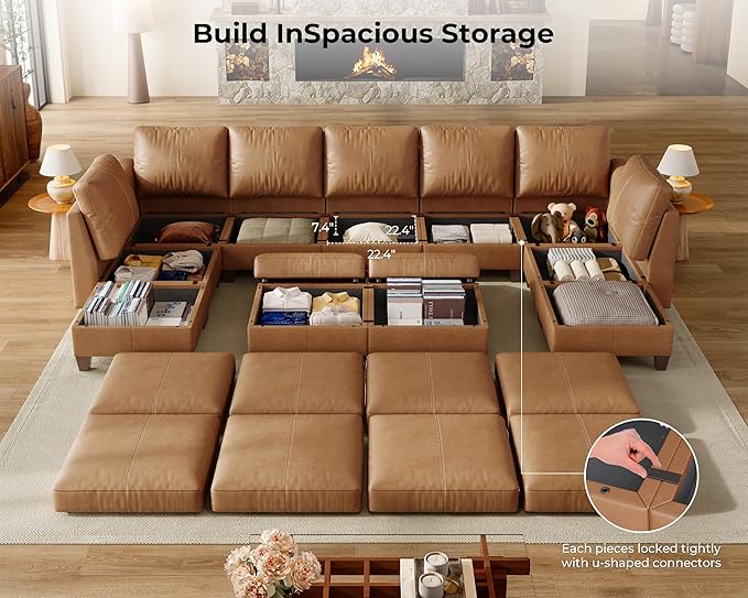 SITJOY 145" Faux Leather Modular Sectional Sofa with Storage, Mid Century Modern Sectional Couches for Living Room, Soft Padded Armrests, 11 Seat U Shaped Sofa Set with Chaise, Brown