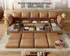 SITJOY 145" Faux Leather Modular Sectional Sofa with Storage, Mid Century Modern Sectional Couches for Living Room, Soft Padded Armrests, 11 Seat U Shaped Sofa Set with Chaise, Brown