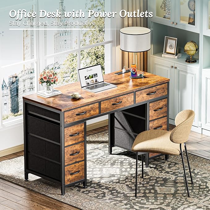 PRAISUN 47 Inch Office Desk with Outlets, Computer Desk with 9 Fabric Drawers, Writing Gaming Work Study Desk for Bedroom, Living Room, Home Office, Large Storage, Rustic Brown