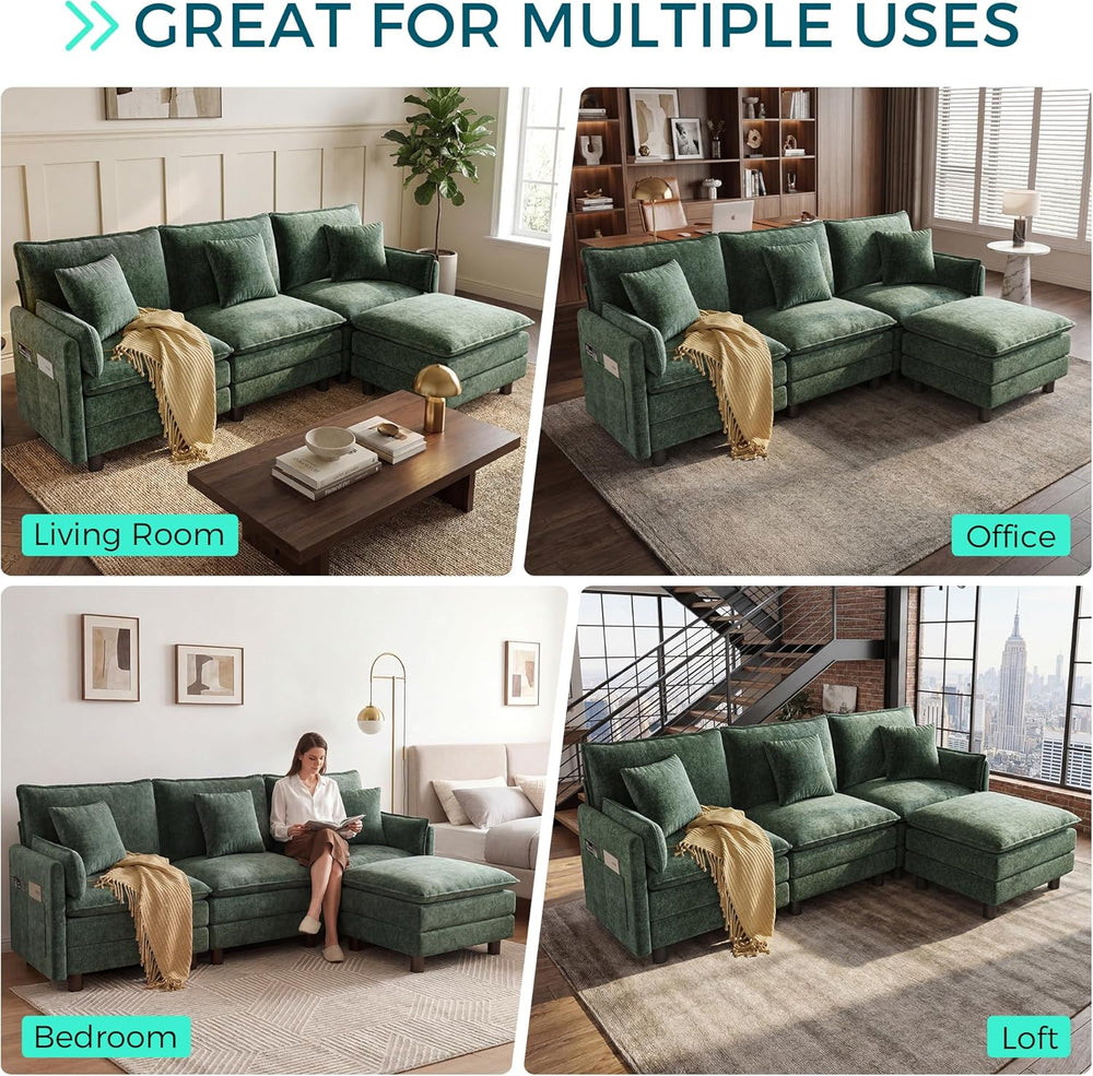 LINSY HOME 98'' Modular Sectional Sofa 3 Seat Couch Chenille Cloud Co...