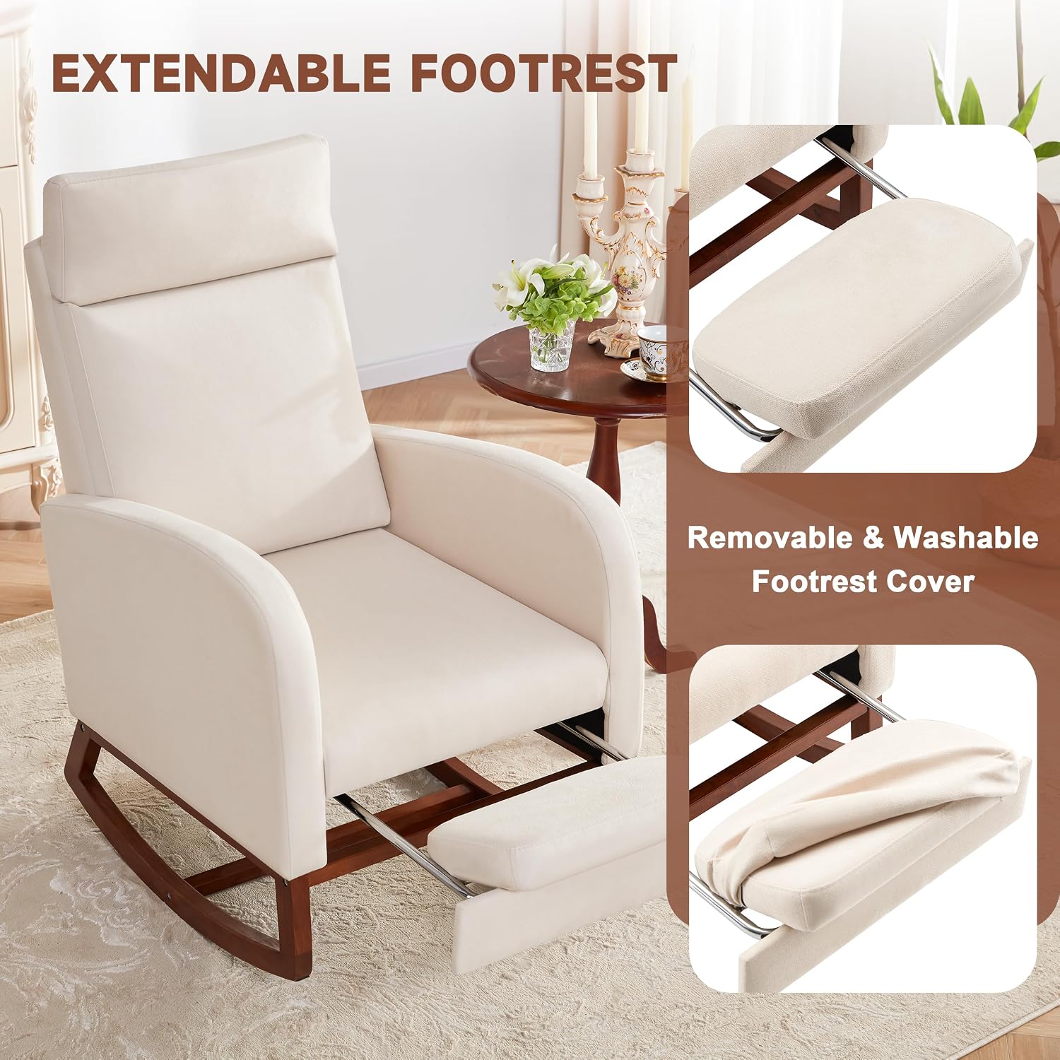 Rocking Chair Nursery High Back Rest Glider Rocker with Footrest Nursing Rocking Chairs Upholstered Accent Arm Chair for Living Room Bedroom Indoor, Beige