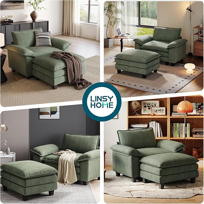LINSY HOME Cloud Sofa Accent Chair with Ottoman Chaise Lounge Chair Indoor, Corduroy Couch Sofa Chair for Living Room Apartment Bedroom Office, Green