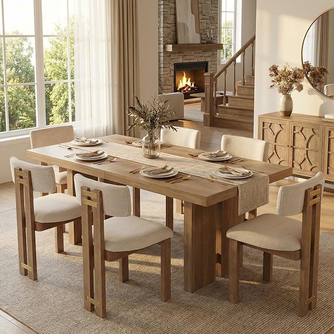 HNY Modern Farmhouse Linen Dining Chairs Set of 6, Beige Fabric Upholstered Dining Room Kitchen Chairs with Natural Wood Frame & Curved-Back, Armless Accent Wood Chairs for Dining Living Room