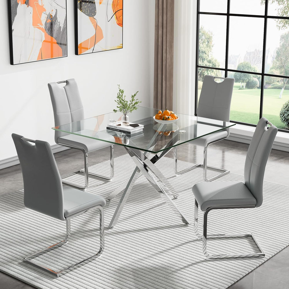 5-Piece Dining Room Table Set, Modern 36" Square Silver Glass Dining Tab...