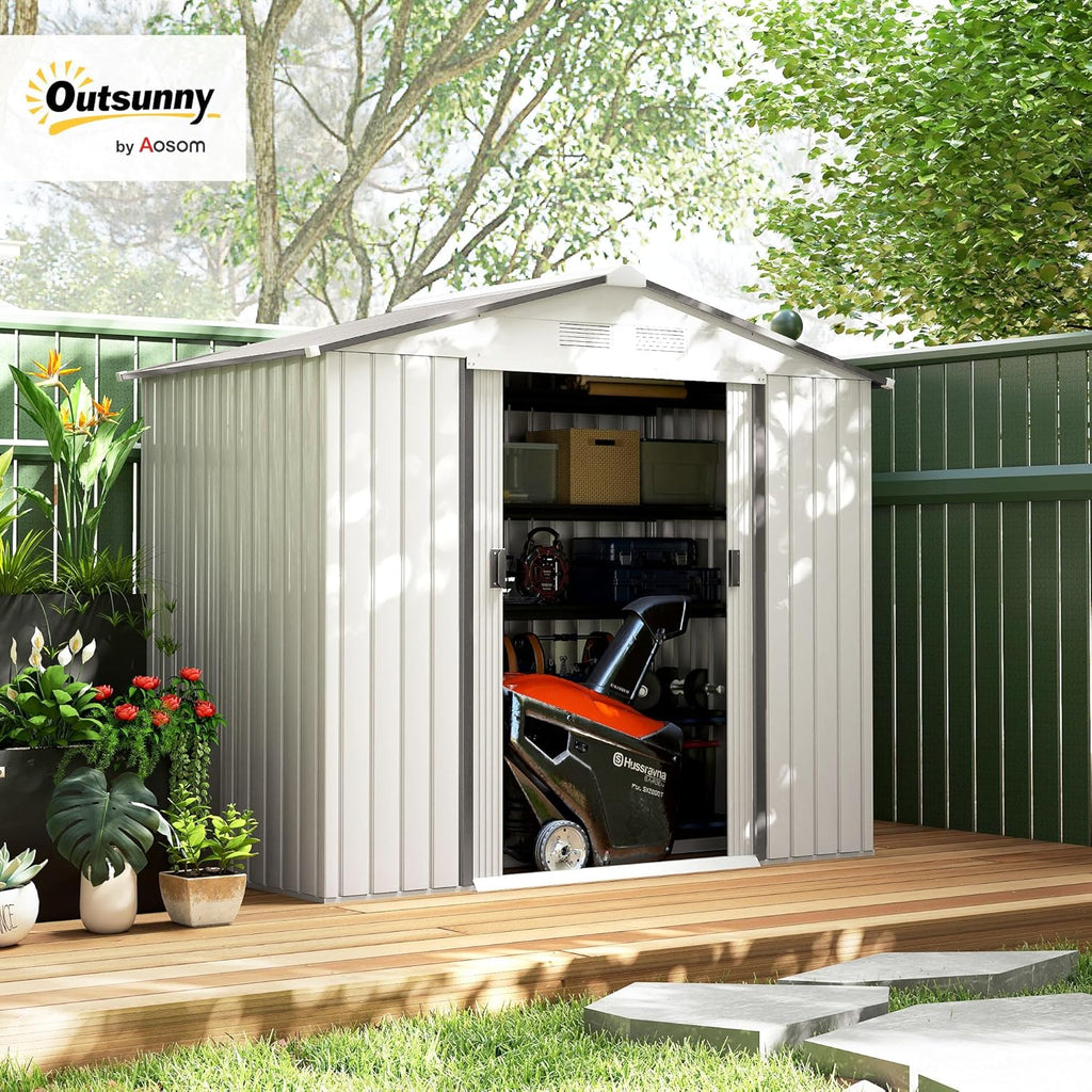 Outsunny 7' x 4' Outdoor Storage Shed, Garden Tool Metal Shed with Foundation Kit, Double Lockable Door, Air Vents and Sloping Roof, for Backyard, Patio, Lawn, White