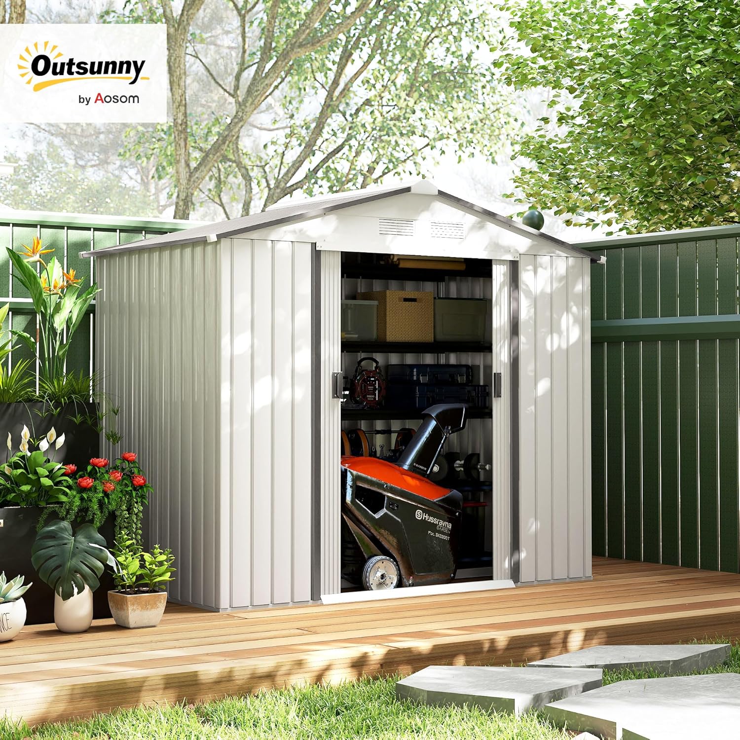 Outsunny 7' x 4' Outdoor Storage Shed, Garden Tool Metal Shed with Foundation Kit, Double Lockable Door, Air Vents and Sloping Roof, for Backyard, Patio, Lawn, White