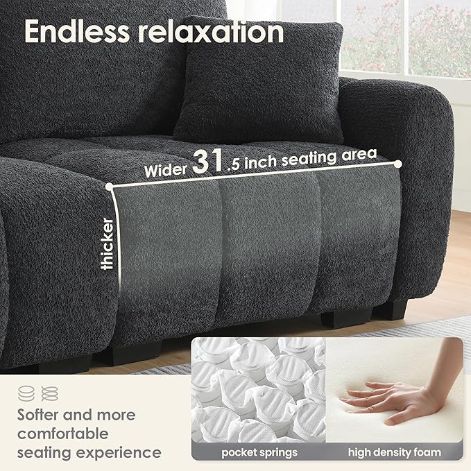 Ball & Cast Modular Sectional Sofa W/Movable Ottoman and 2 Lumbar Pillows,4 Seater L Shaped Couch W/Deep Seat,DIY Combination,Boucle Fabric Upholstered Sofa for Living Room,Apartment,Black+ Gray,110"