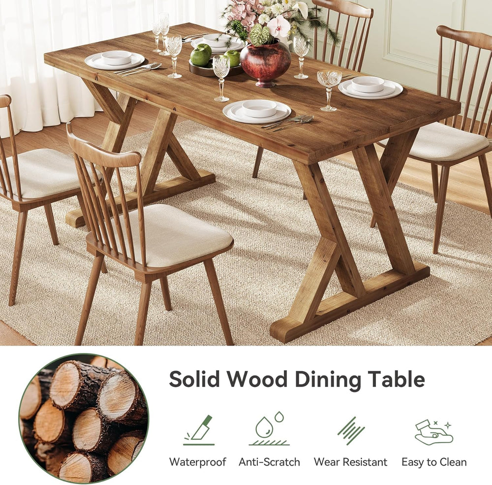 Solid Wood Dining Table for 4-6 People, 63 Inches Wooden Farmhouse Rectangula...