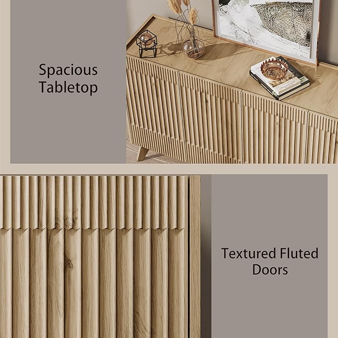 Large Sideboard Buffet Cabinet with Storage, 65" Modern Fluted Credenza Buffet Table Coffee Bar Storage Cabinet with Doors & Adjustable Shelves for Living Room Kitchen Dining Room(Natural Oak)