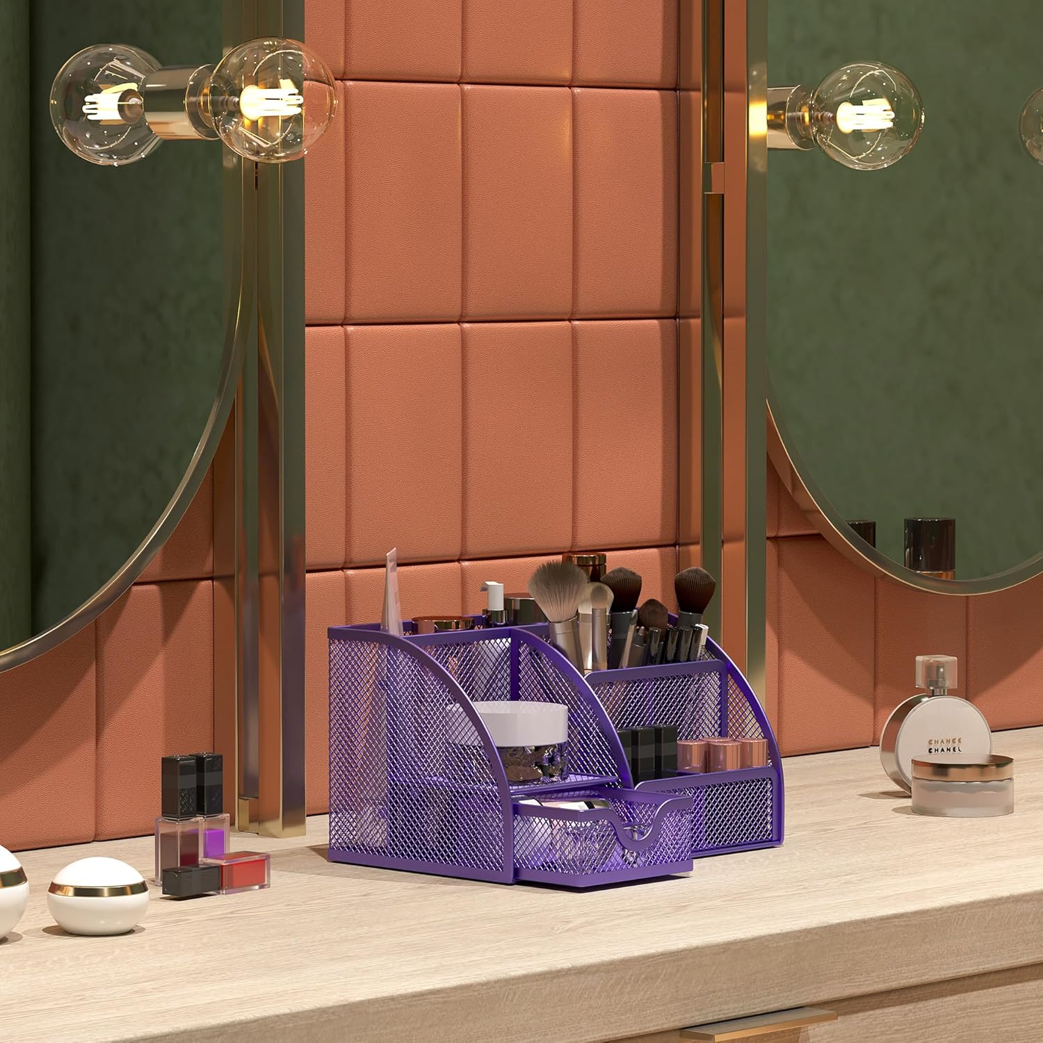 EasyPAG Mesh Desk Organizer with Drawer Multi-functional Pen Holder Stationery Organizer for Office School Supplies 6 Compartments Dorm Organizers and Storage for Desk, Purple