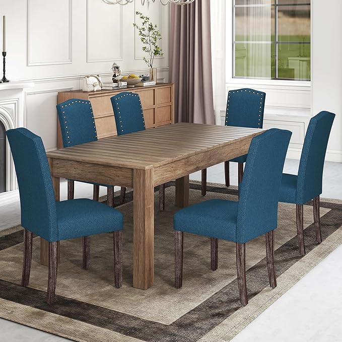 LSSBOUGHT Dining Chairs Set of 2,Upholstered Parsons Dining Room Chairs Fabric Kitchen Chairs with Solid Wood Frame and Nailhead Trim(Blue)